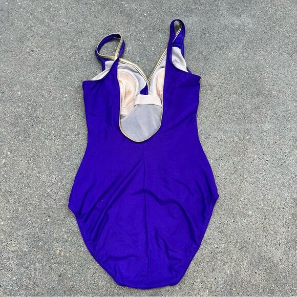 80s Longitude Royal Purple Ruched Faux Button Madonna One Piece Swimsuit 14 TALL - Picture 4 of 8